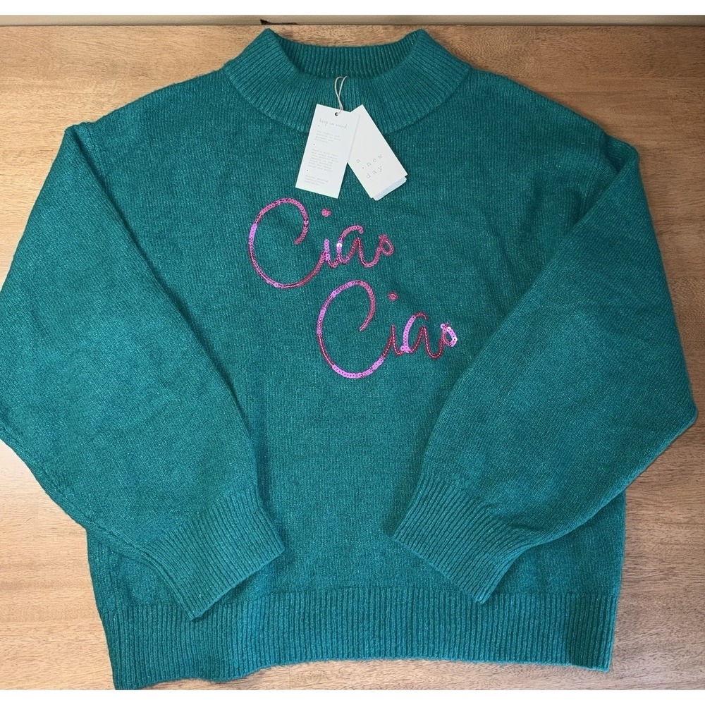 A New Day Womens Green Ciao Ciao Sequin Mock Neck Sweater Large NWT